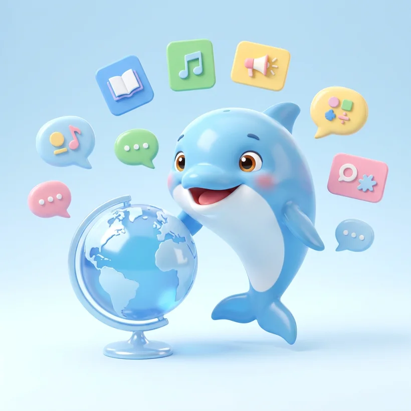 Fluentist's dolphin mascot beside a globe with world-language icons