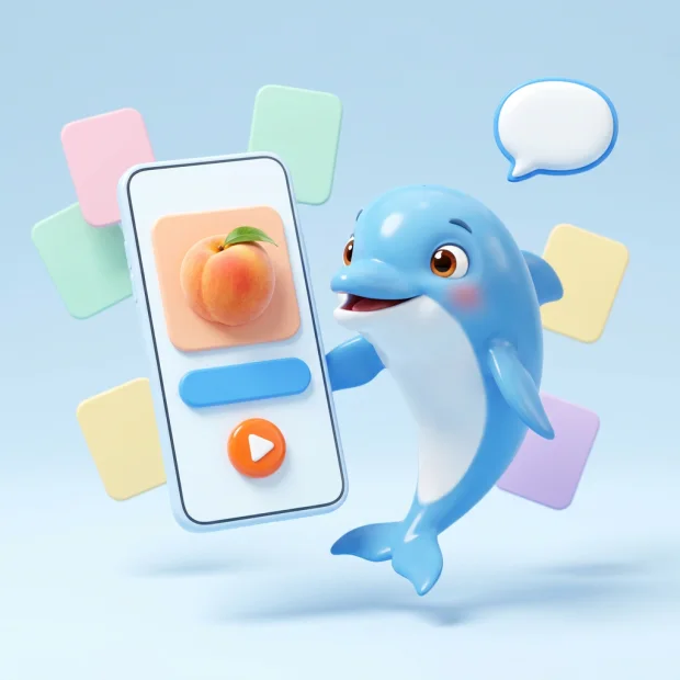 The Fluentist dolphin showing a learning card in the app